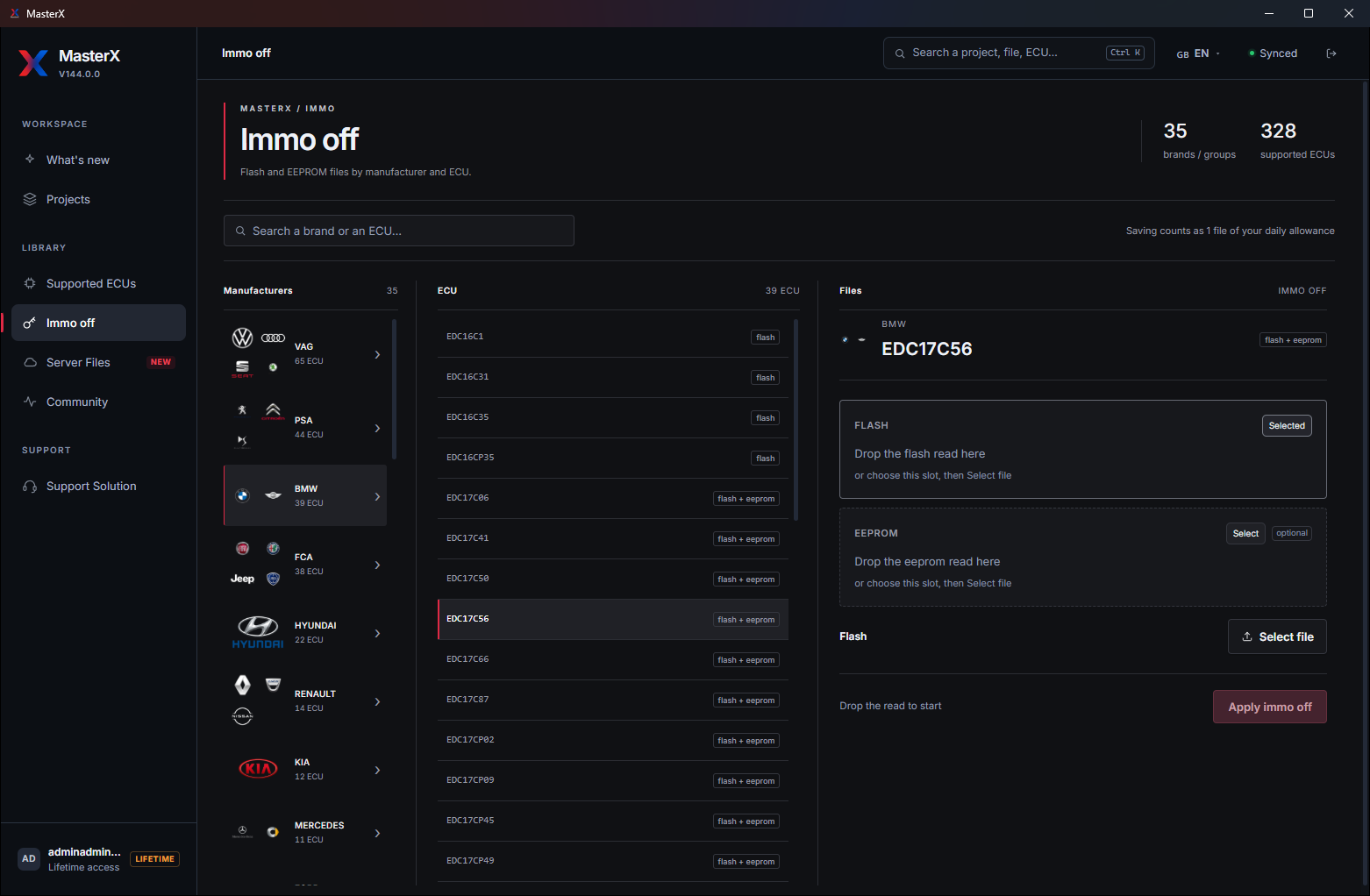 MasterX — IMMO OFF, by manufacturer and ECU
