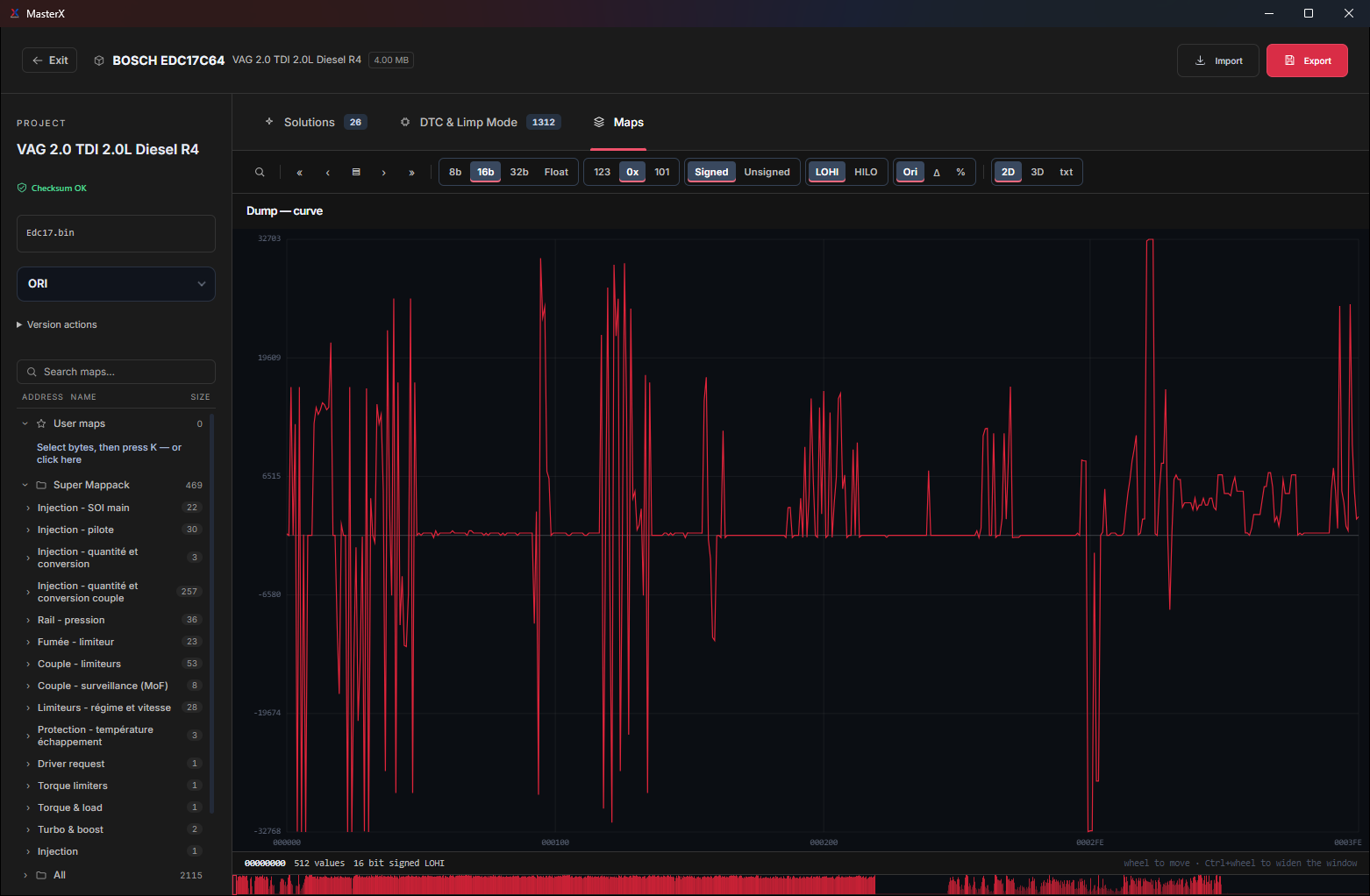 MasterX — binary curve view with the Super Mappack tree