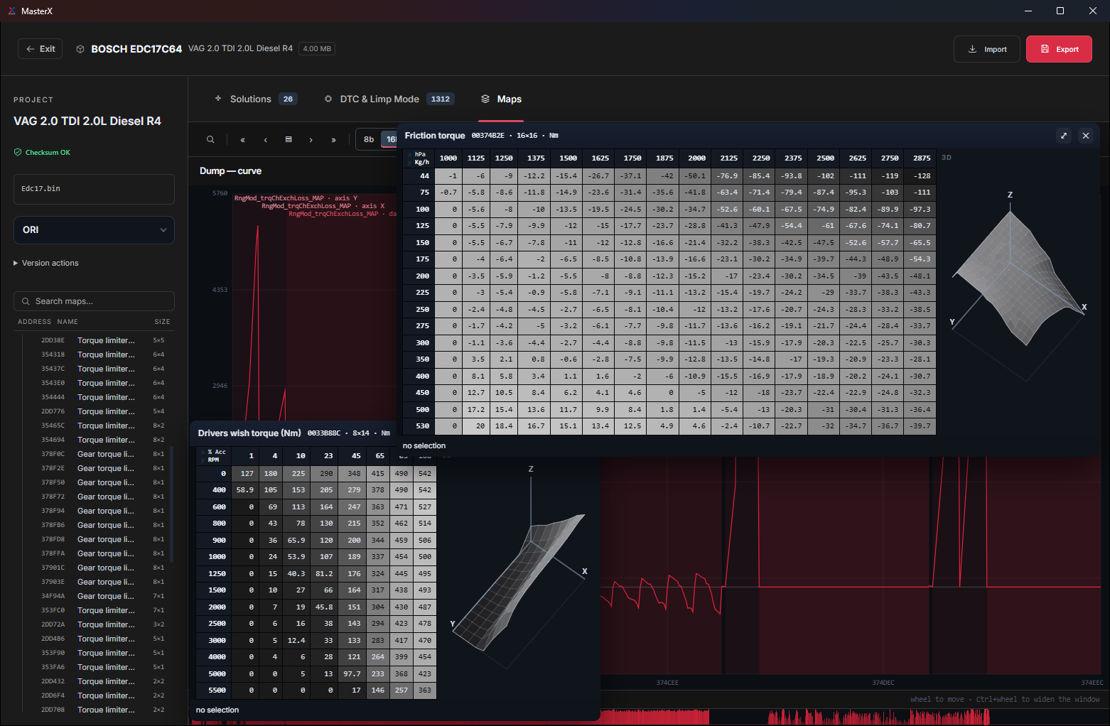 MasterX — Friction torque and Drivers wish torque tables with their 3D view