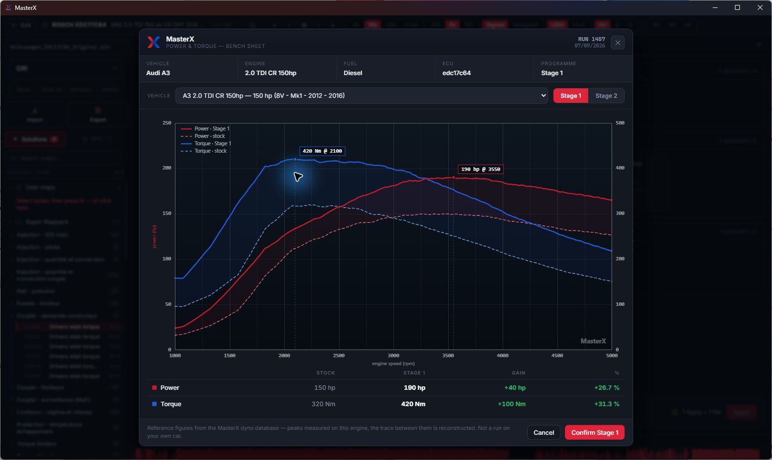 MasterX Virtual Dyno — Audi A3 2.0 TDI 150 hp reference comparison